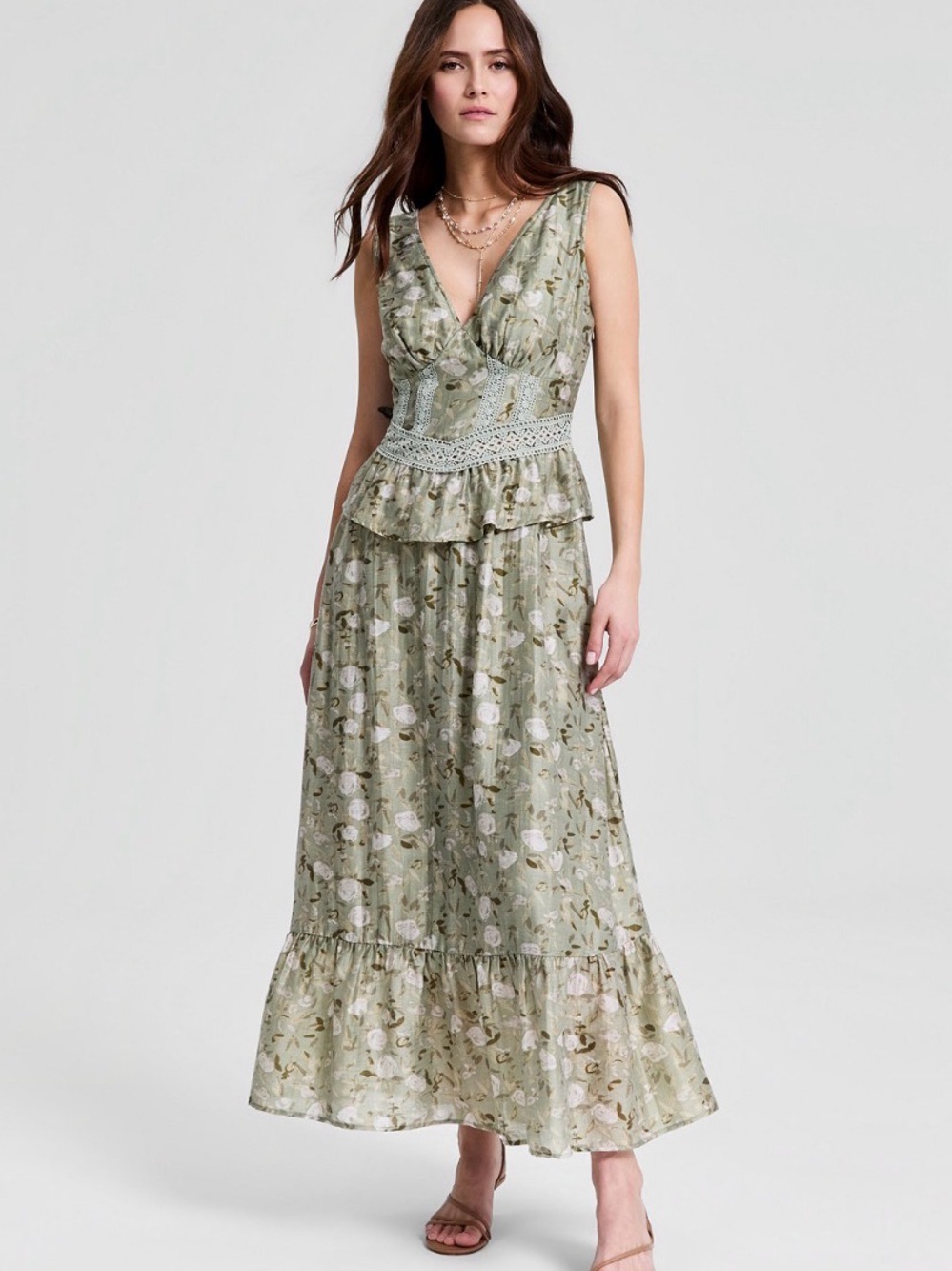 Floral V-Neck Maxi Dress with Crochet Waist in Sage Green